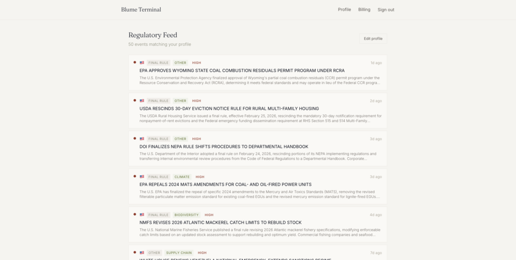 The Blume Terminal regulatory feed — 50 events matched to profile, sorted by recency with materiality labels.
