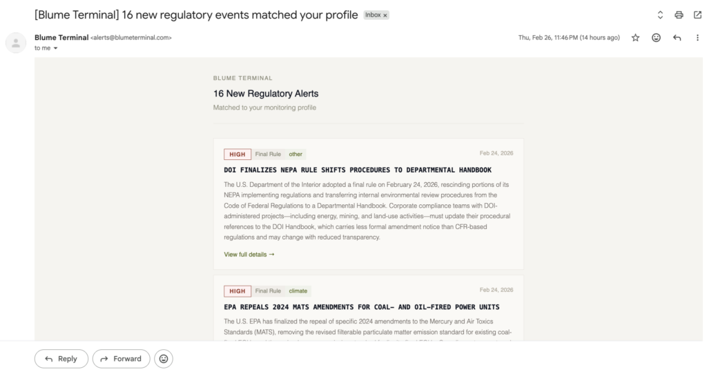 A Blume Terminal alert email — 16 regulatory events matched to profile, delivered directly to the inbox.