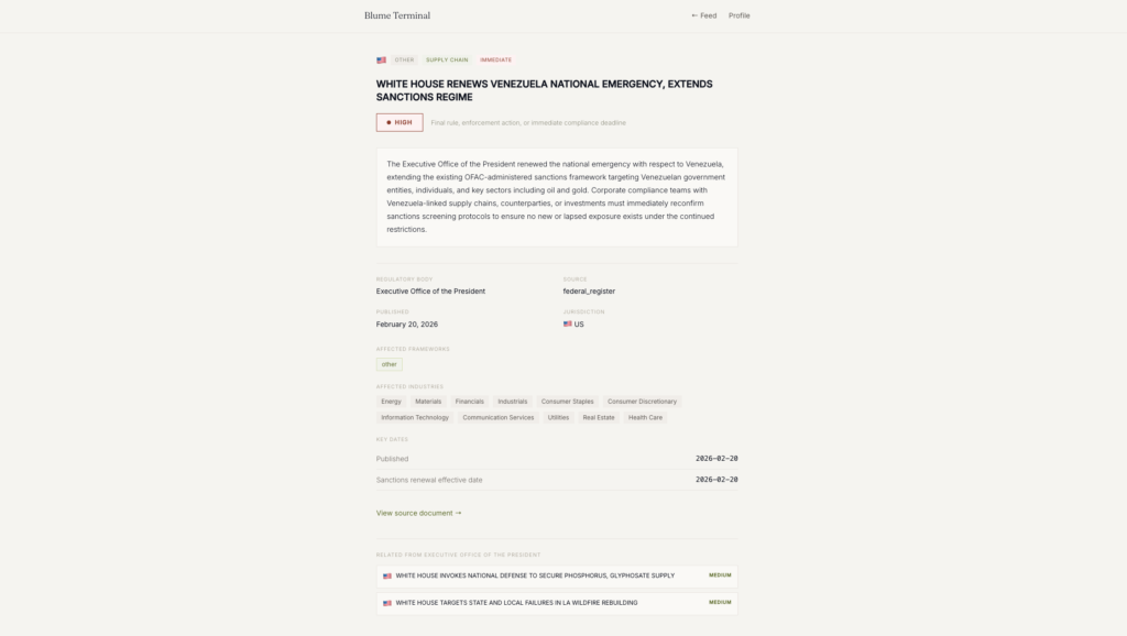 Each event includes a materiality score, affected industries, key dates, and a link to the source document.