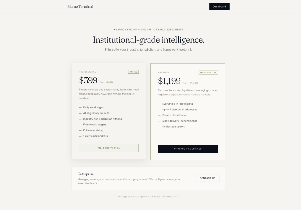Blume Terminal pricing — Professional at $399/month and Business at $1,199/month, both with a 14-day free trial.